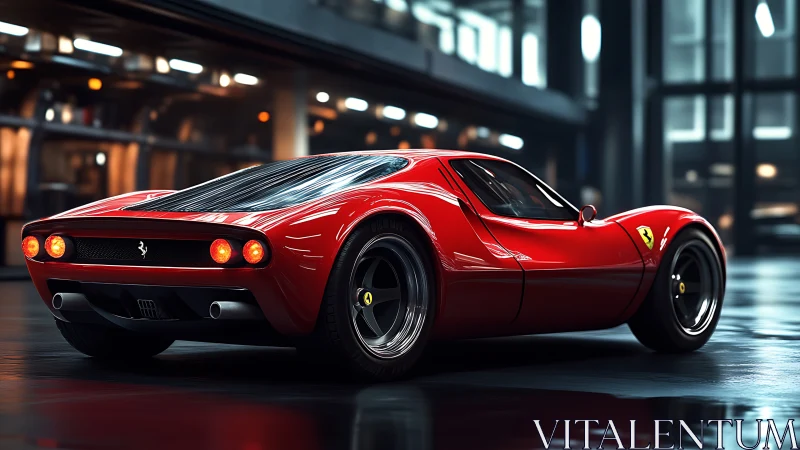 Retro red sports car glowing under soft city lights.