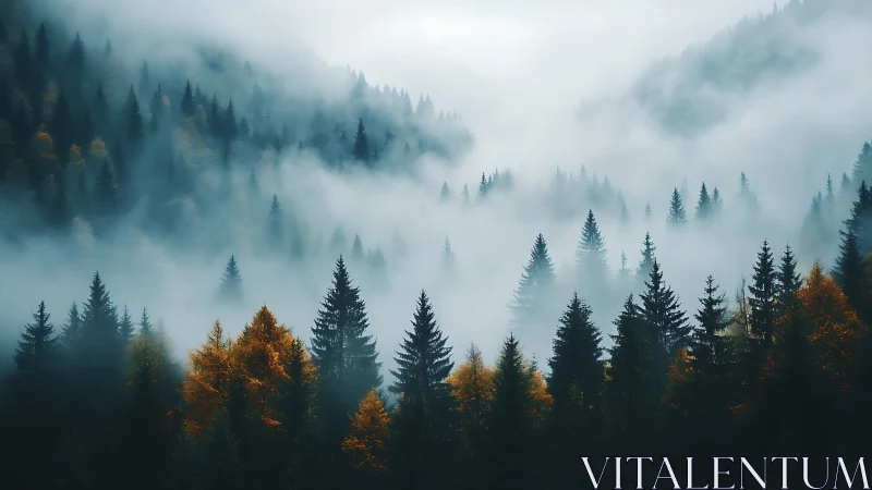 Mist-Draped Evergreens Dance Through Autumn's Mystical Embrace