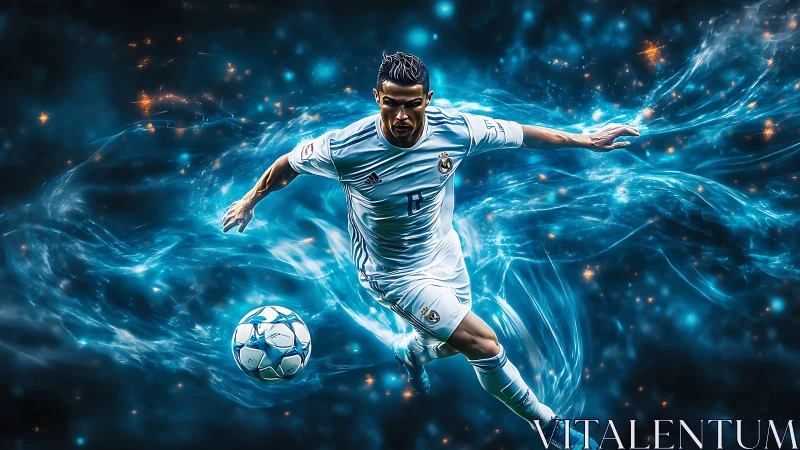Electric soccer star racing through swirling blue energy.