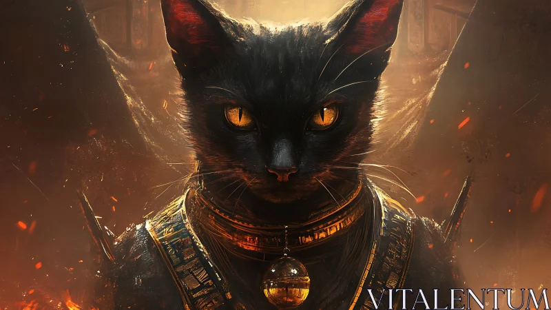 Regal black cat deity rendered with molten backlighting and embers
