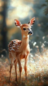 Digital painting of young deer in luminous forest glade.