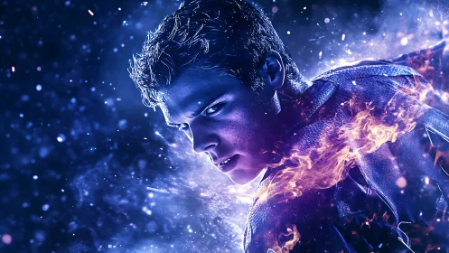Intense blue sci fi portrait of fiery powered hero figure.
