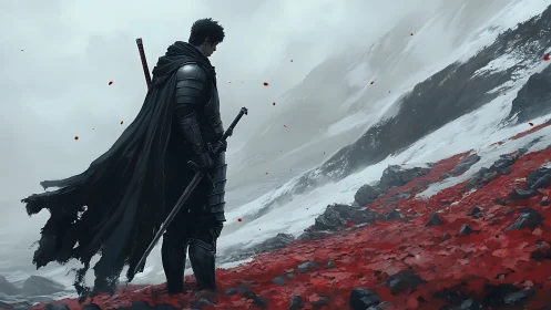 Lone armored warrior overlooking crimson tundra slope.