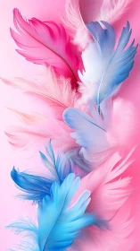 Macro study of gradient pink and blue floating feathers