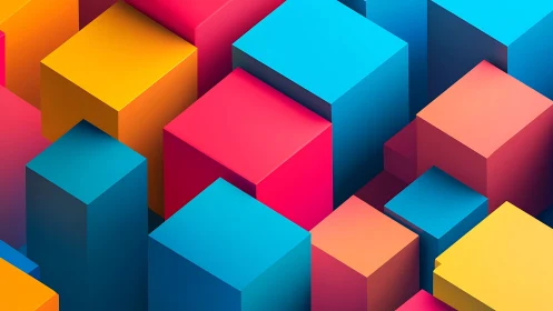Colorful geometric cubes stacked in a playful cityscape.