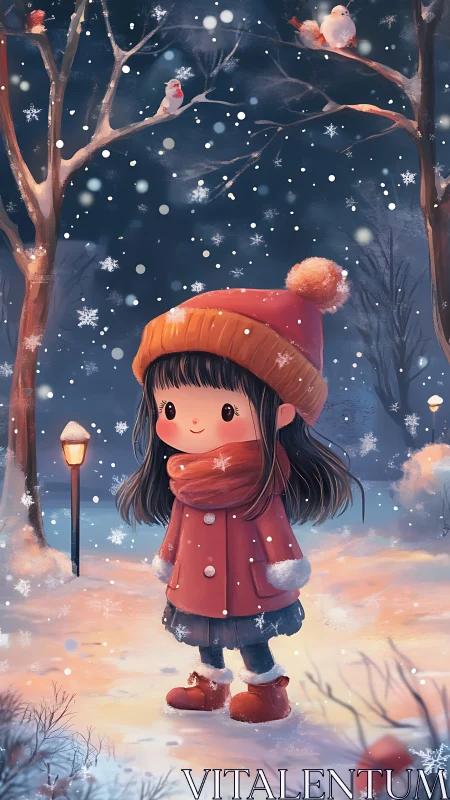 Winter woodland girl in red coat amid softly falling snowflakes