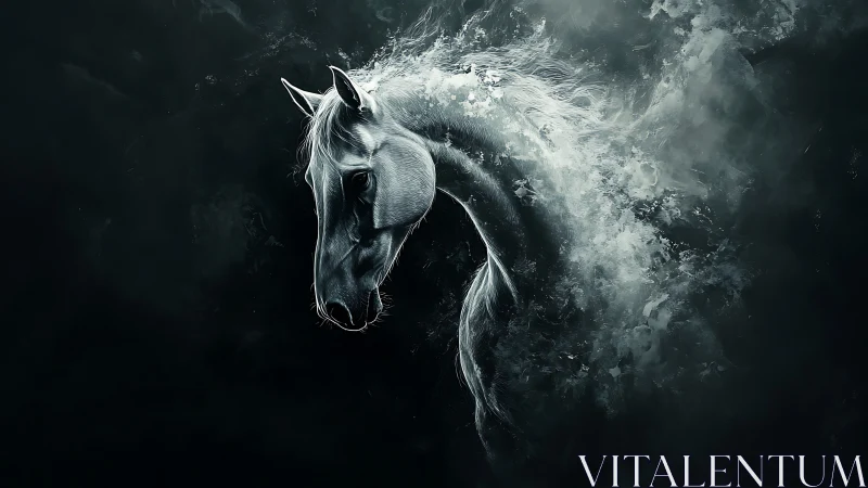 Ghostly stallion drifts from ink-black shadows into mist