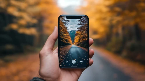 Smartphone records wet autumn forest road with distant mountain