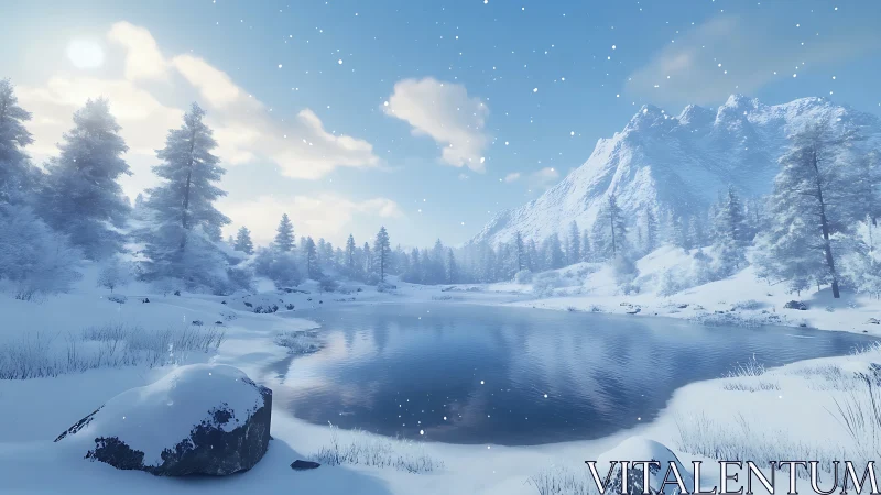 Peaceful snowy lake under soft winter mountain light.