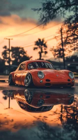 Low-profile orange coupe is reflected in wet pavement