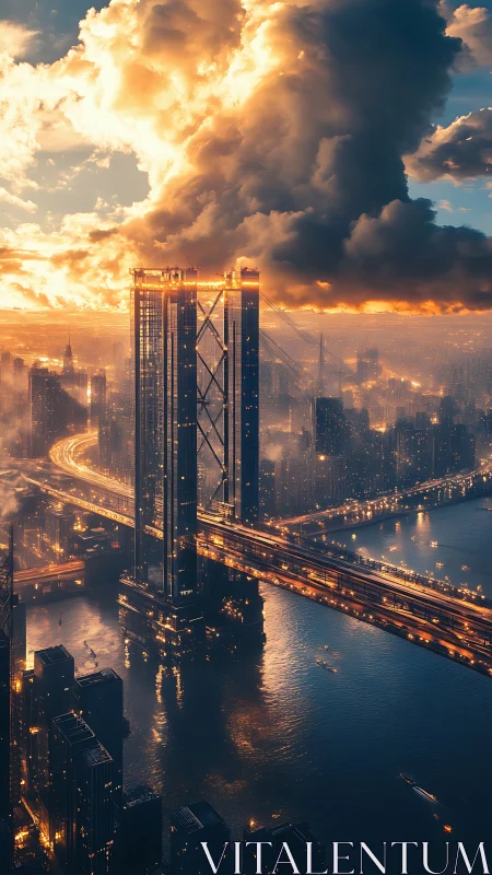 Sunlit megastructure bisects river beneath turbulent cumulonimbus