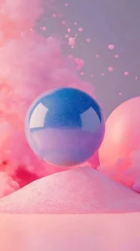 Glowing blue sphere hovers above dreamy pink powder clouds