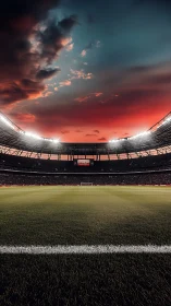 Floodlit football stadium encircles empty pitch at sunset