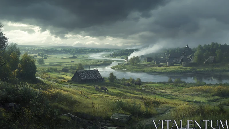 Storm-lit rural river valley renders atmospheric pastoral depth