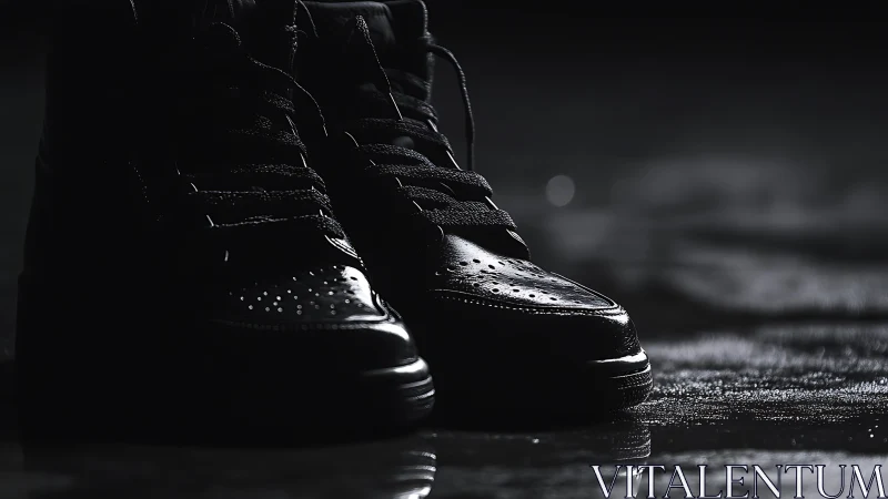 Glossy black sneakers gleam under dramatic low lighting