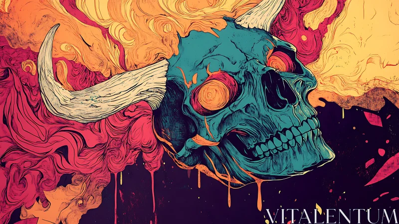 Horned turquoise skull within swirling abstract flames.