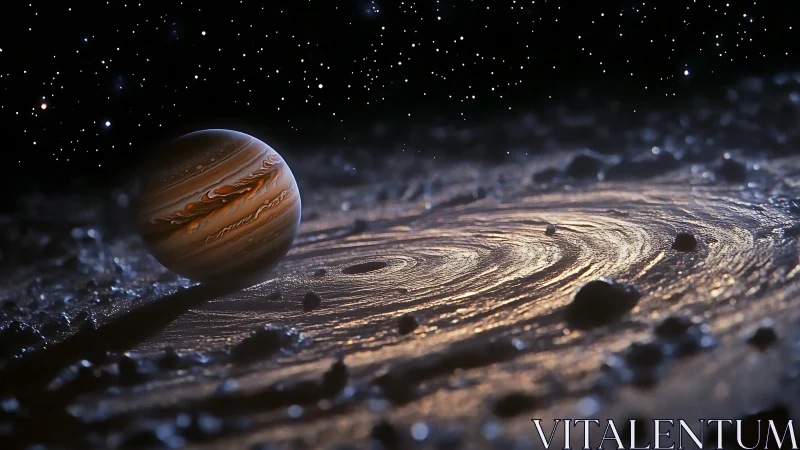 Gas giant drifts above glowing spiral disk of dust and rock