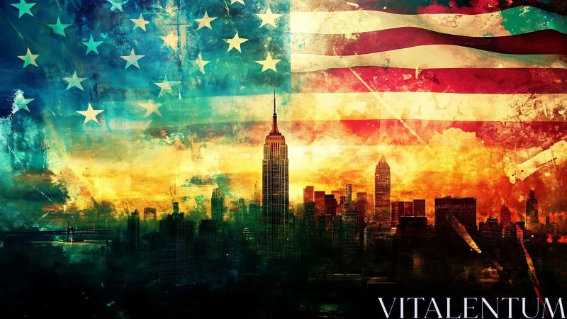 American flag over grunge New York skyline at sunset.