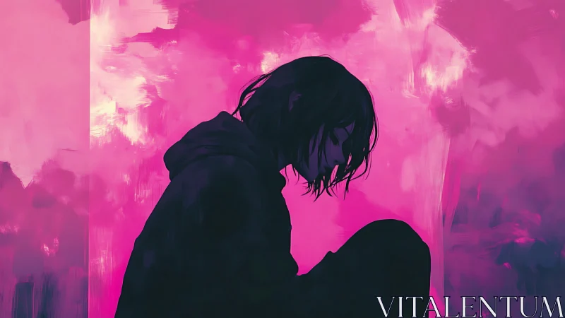 Solitary figure in neon magenta haze reflects in silence.