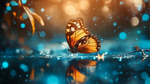 Twilight-winged butterfly sipping light from glassy water.