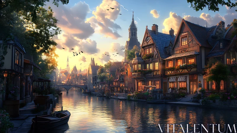 Sunlit canal town renders warm facades with volumetric sunset lighting