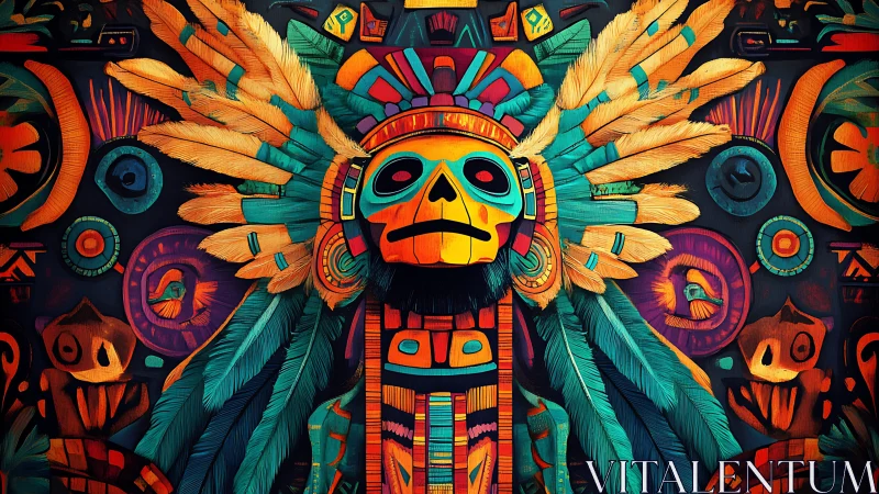 Aztec-inspired skull totem rendered in vibrant digital geometry