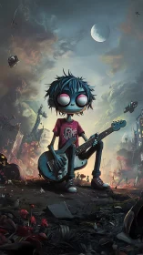 Cartoon guitarist sits in ruined cityscape under partial moon