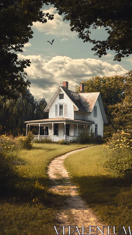 Sunlit country cottage where winding path remembers.