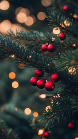 Christmas tree branch glows with red baubles and bokeh lights.
