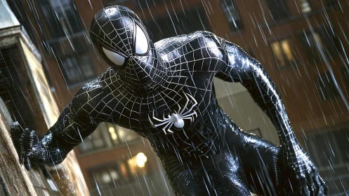 Black suited superhero crouches on wall in heavy rain