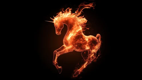 Molten plasma unicorn silhouette forms from turbulent fire dynamics