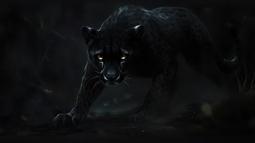 Black Panther Portrait with Amber Eyes in Dark Environment