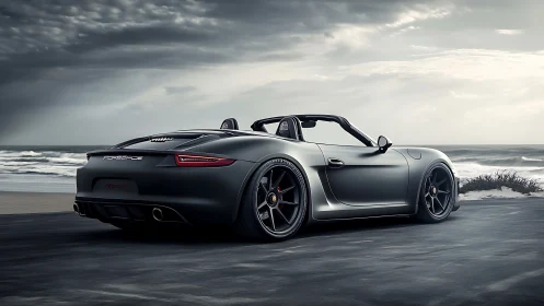 Matte black Porsche roadster beside a moody storm coast.