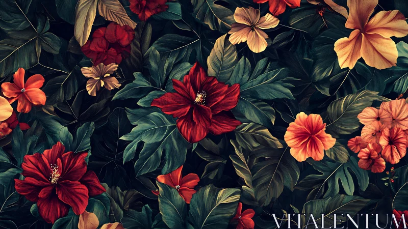 Lush tropical hibiscus blooms glow against deep foliage.