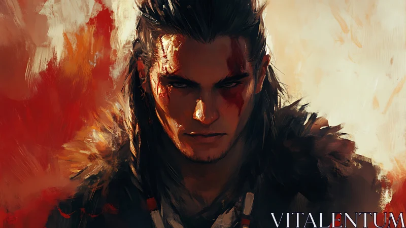 Scarred warrior leans into firelit dusk, eyes burning quieter