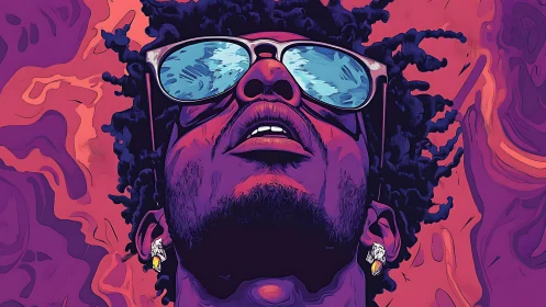 Neon portrait of reflective sunglasses and stylized curls.