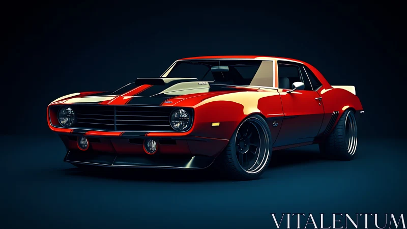 Red classic muscle car with racing stripes on dark background.