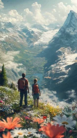 Hikers overlook alpine valley framed by dramatic snowy peaks