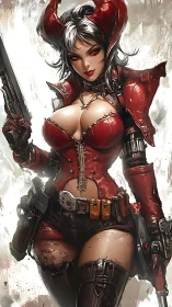 Demon gunslinger warrior in scarlet armored leathers poised