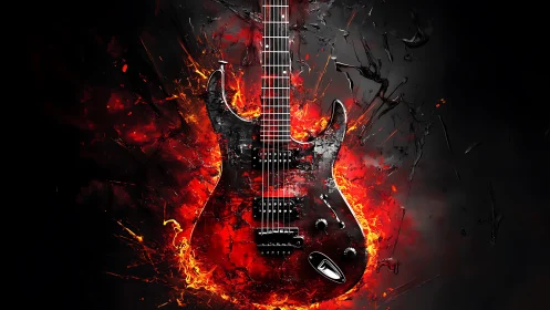 Electric guitar engulfed in molten red fireburst energy.