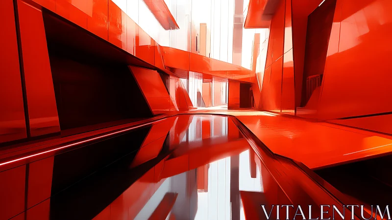 Red geometric architecture with reflective surfaces and linear forms.
