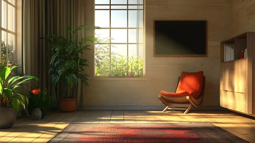 Sunlit interior corner with chair, plants, and window wall.