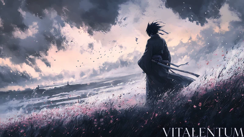 Stormfront samurai silhouette in windswept digital landscape.
