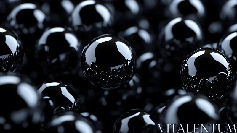 Gleaming black spheres float softly in a reflective dark sea