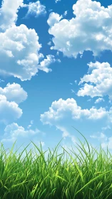 Sunny field of tall green grass under playful clouds.