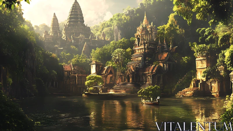 Sunlit river temple complex with dense jungle and stepped spires