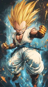 Energetic anime fighter in mid‑air power-charged assault stance.