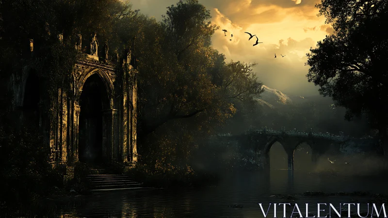 Ruined stone gateway and bridge in a dark forest at dusk.