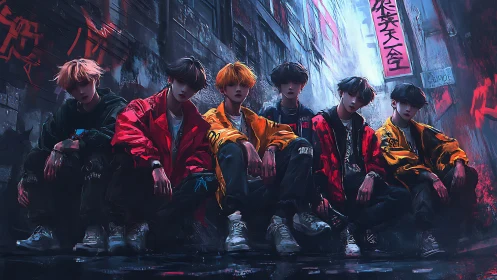 Streetwear crew gathers in neon alleyway at night.