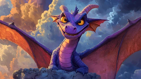 Vibrant purple dragon perched on rocky ledge at sunset sky